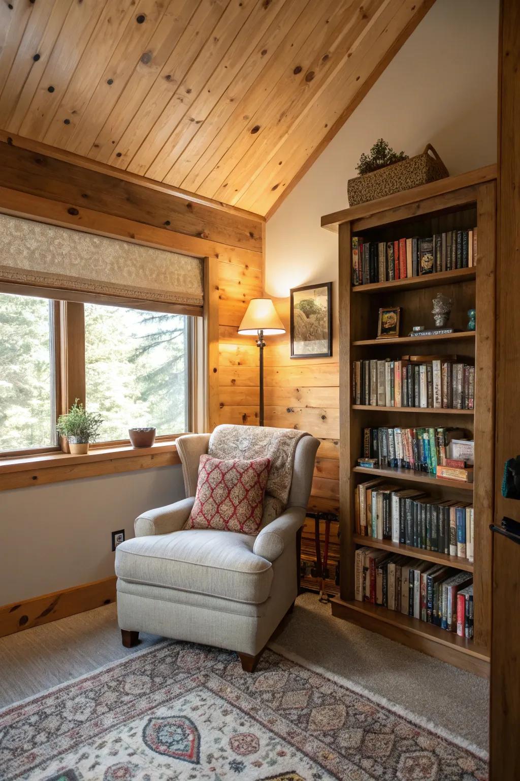 A cozy nook defined by the warmth of a knotty pine ceiling.