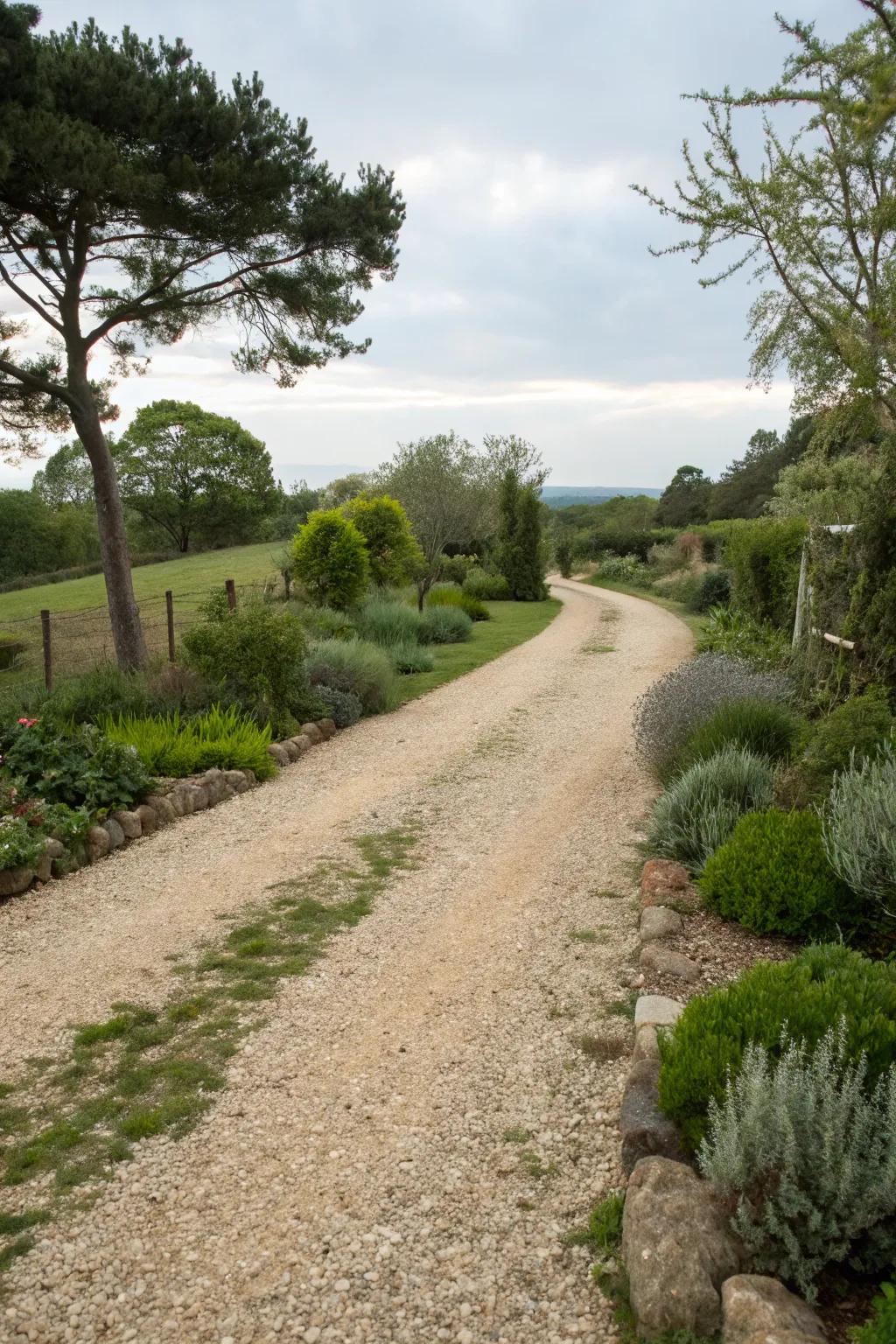 Gravel paths add rustic charm and are easy to maintain.