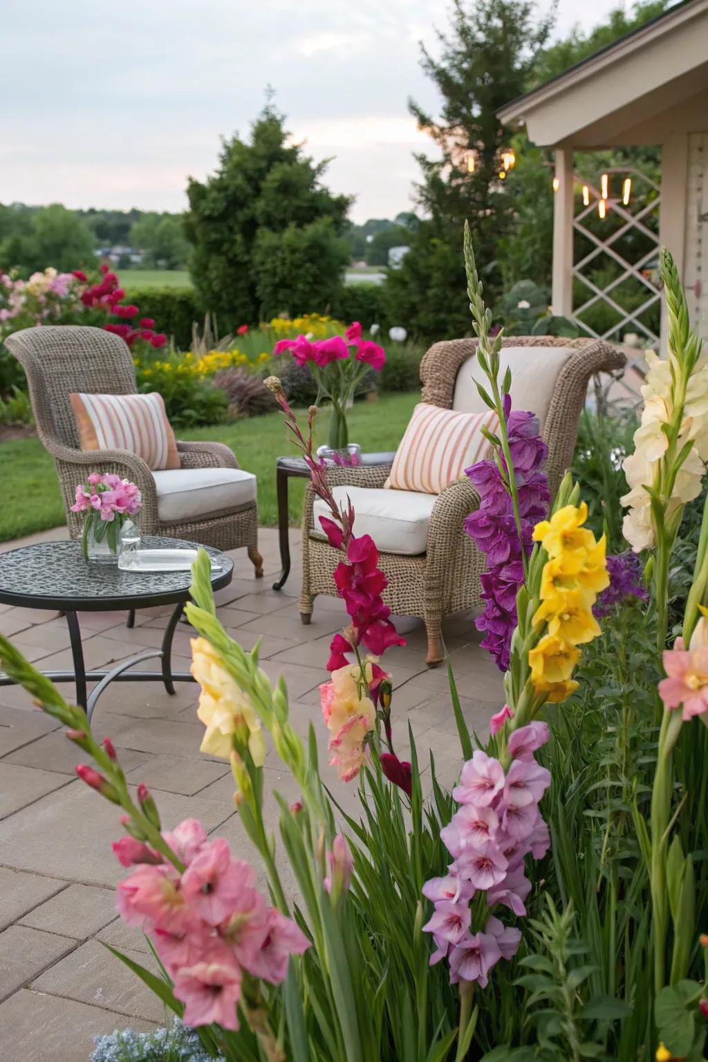 Gladiolus blooms create a cozy and inviting seating area.