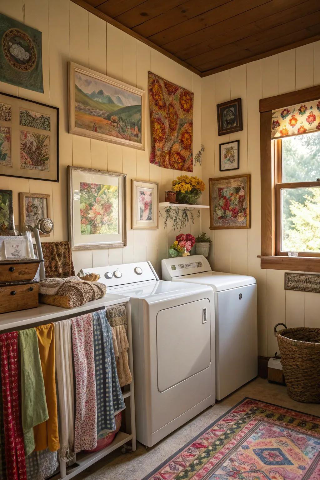 Vintage artwork adds personal charm to the laundry room.