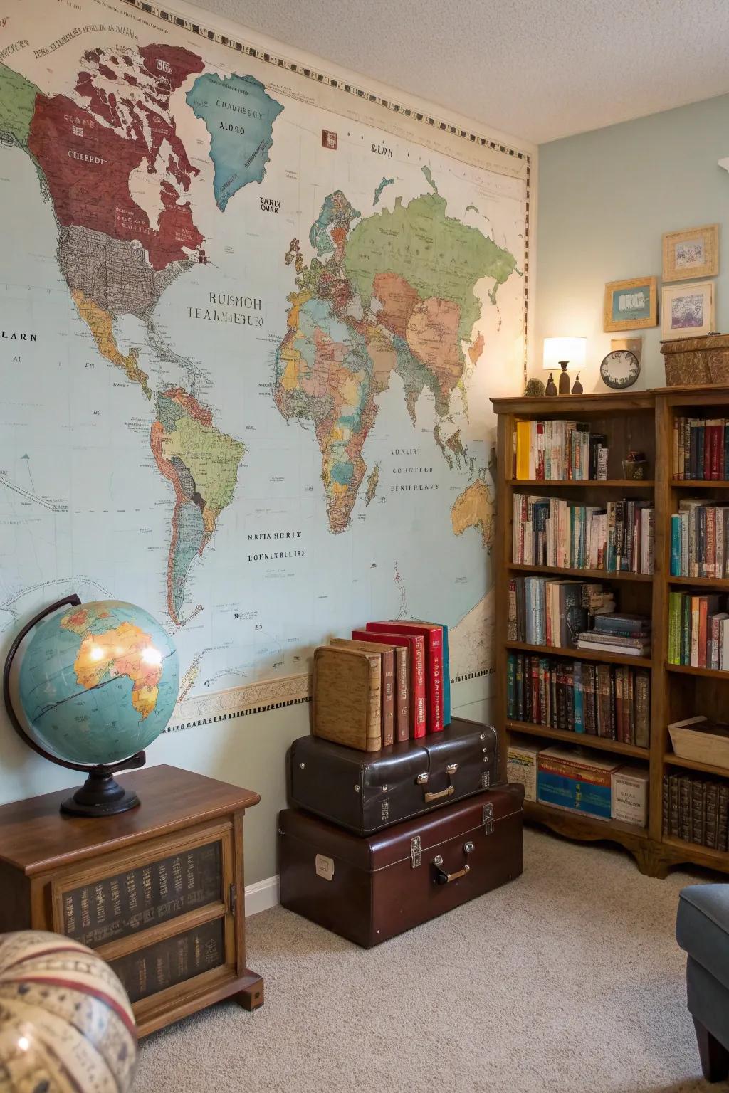 A world map mural can fuel your wanderlust while you read.