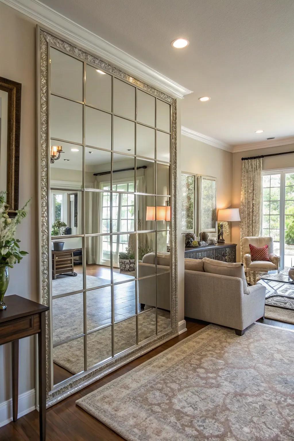 A mirrored accent wall improves lighting and space in this cozy living area.