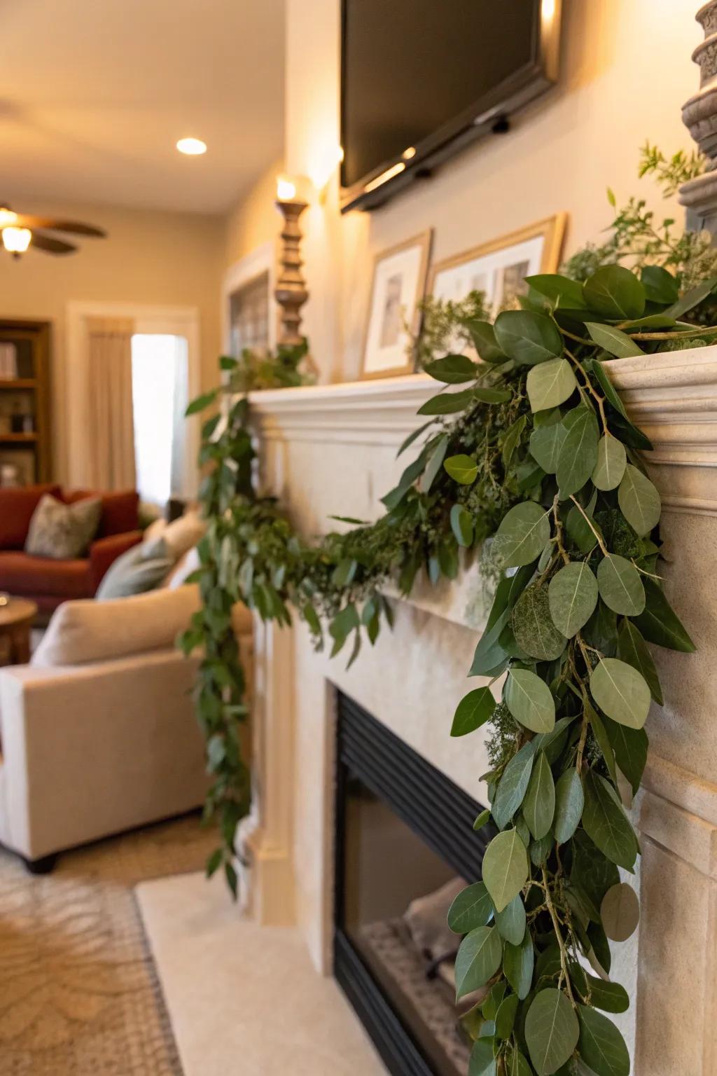 This appealing foliage wreath, made by hand, provides a striking burst of color within the space.
