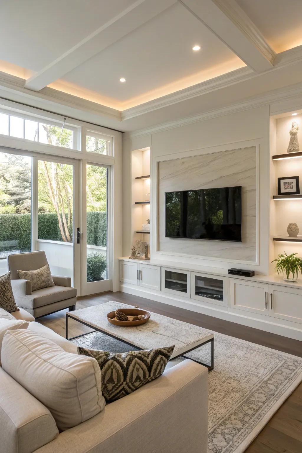 A recessed TV provides a sleek and modern look.