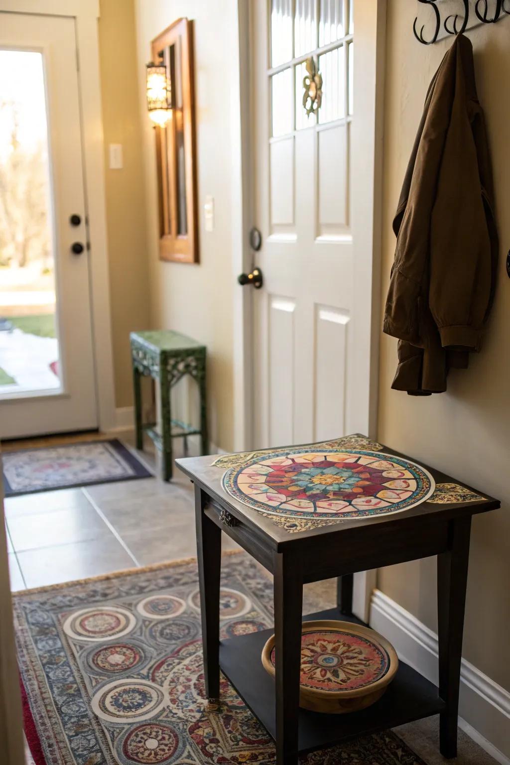 A mandala design transforming a small table in an entryway.