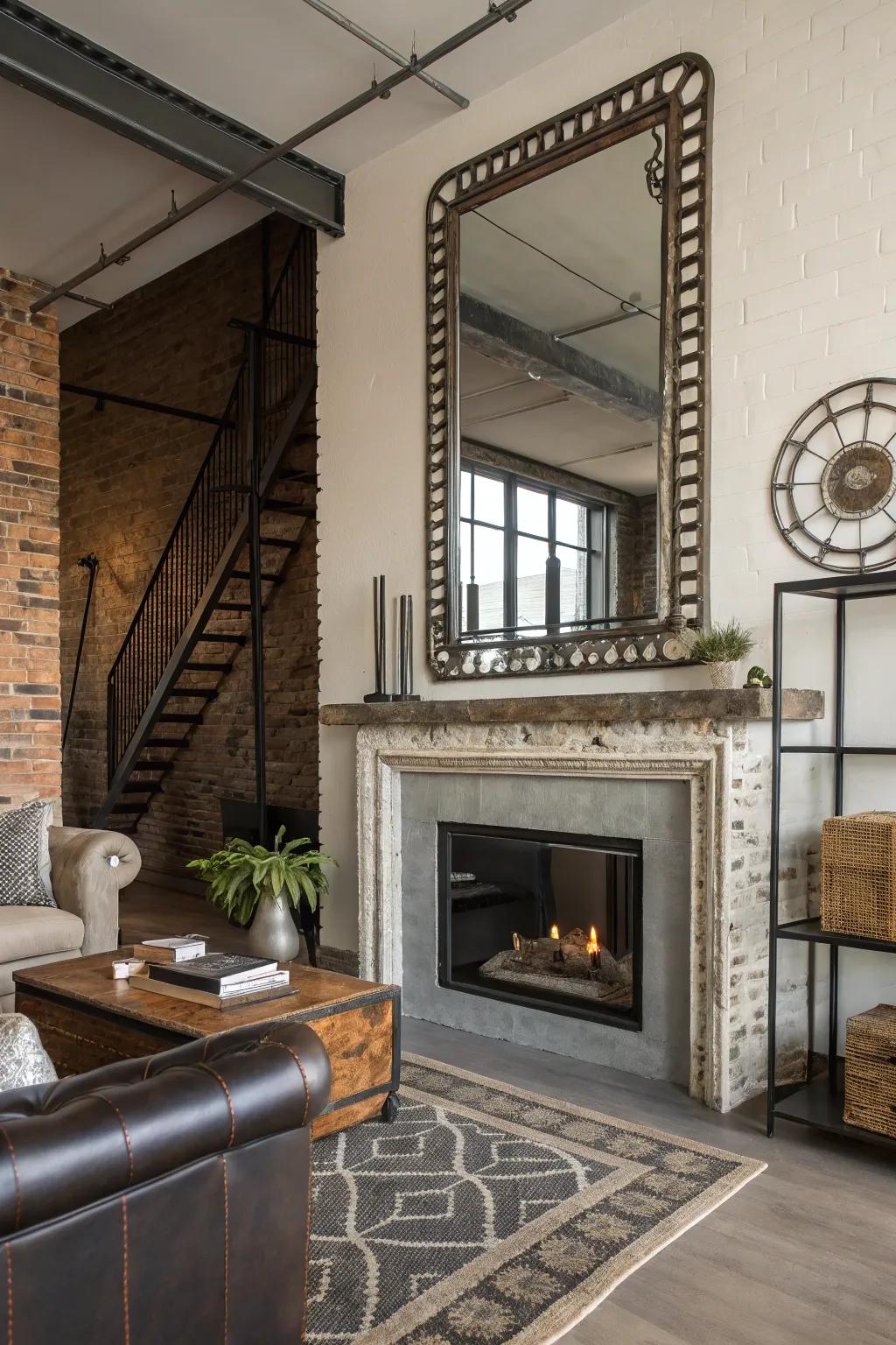 Metal-framed reflections append a modern industrial edge.
