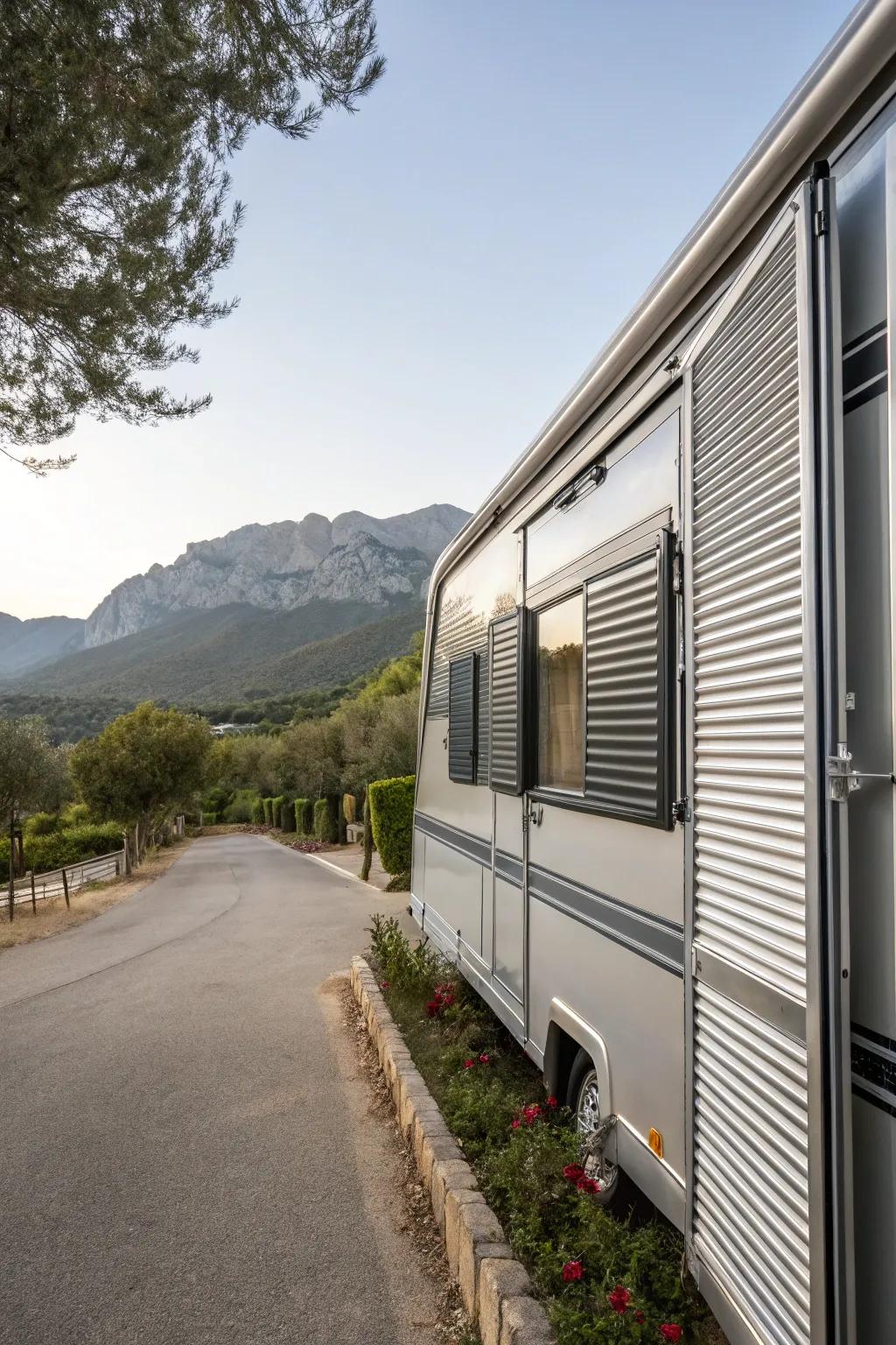 Sleek metal shutters giving a modern touch to a mobile home.