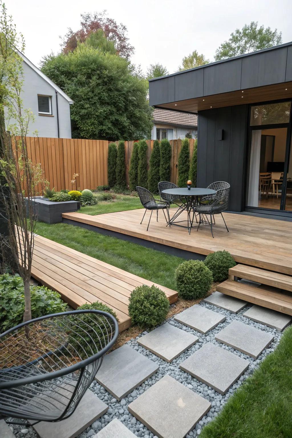 Mix materials for a textured and layered backyard design.