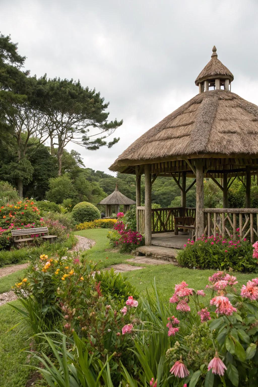 A gazebo with a thatched roof providing a rustic and inviting outdoor escape.