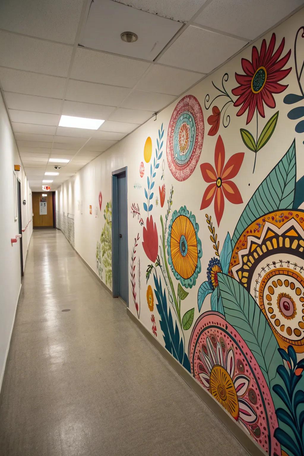 A wall mural adds an unexpected artistic touch to the hallway.