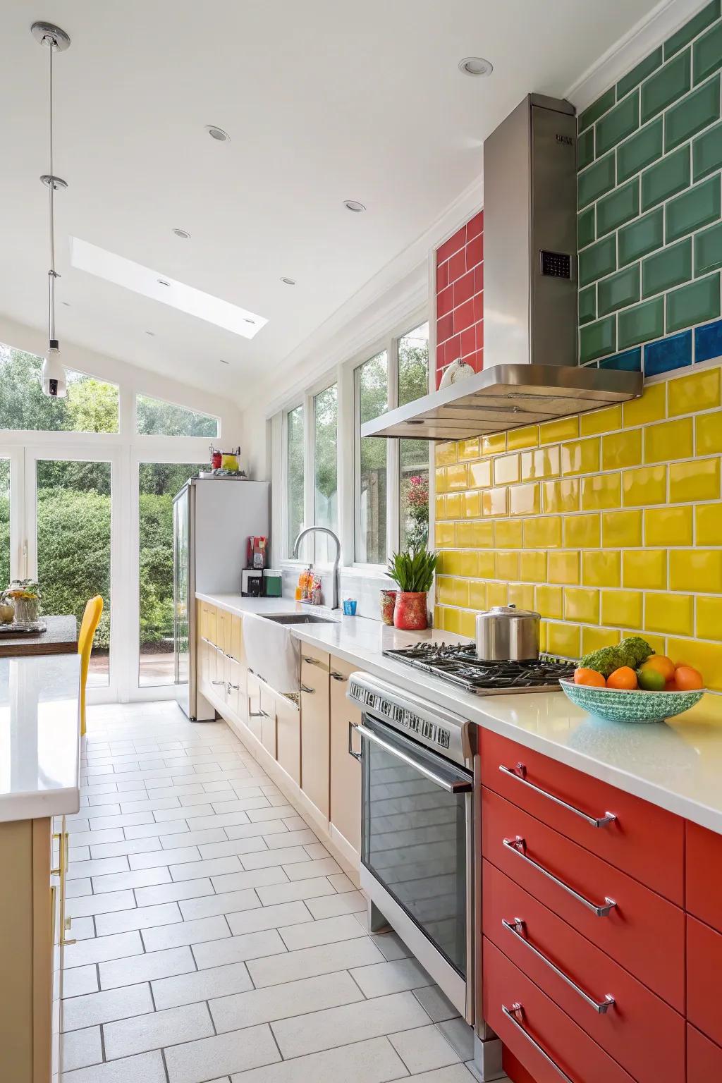 Brightly colored brick-style tiles give a modern twist to this kitchen.
