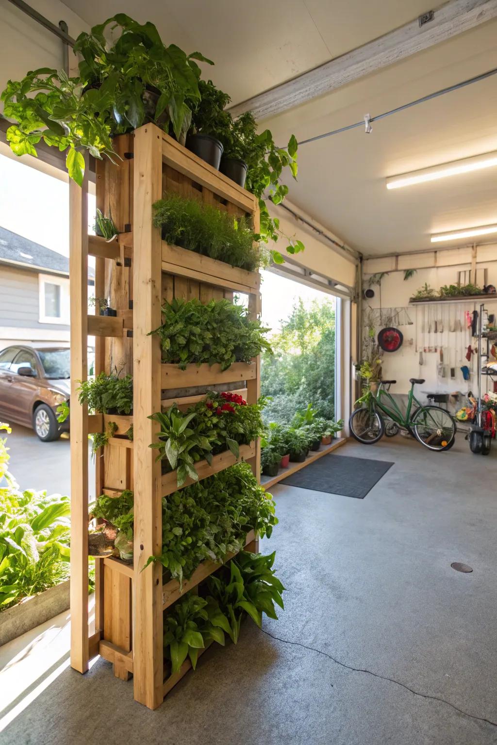 A lush indoor garden flourishing inside a garage.