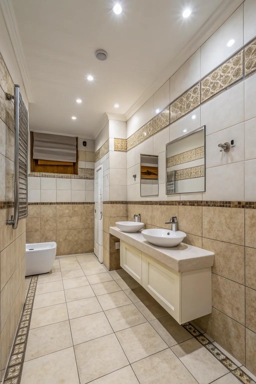 Textured tiles add dimension to the subdued bathroom design.