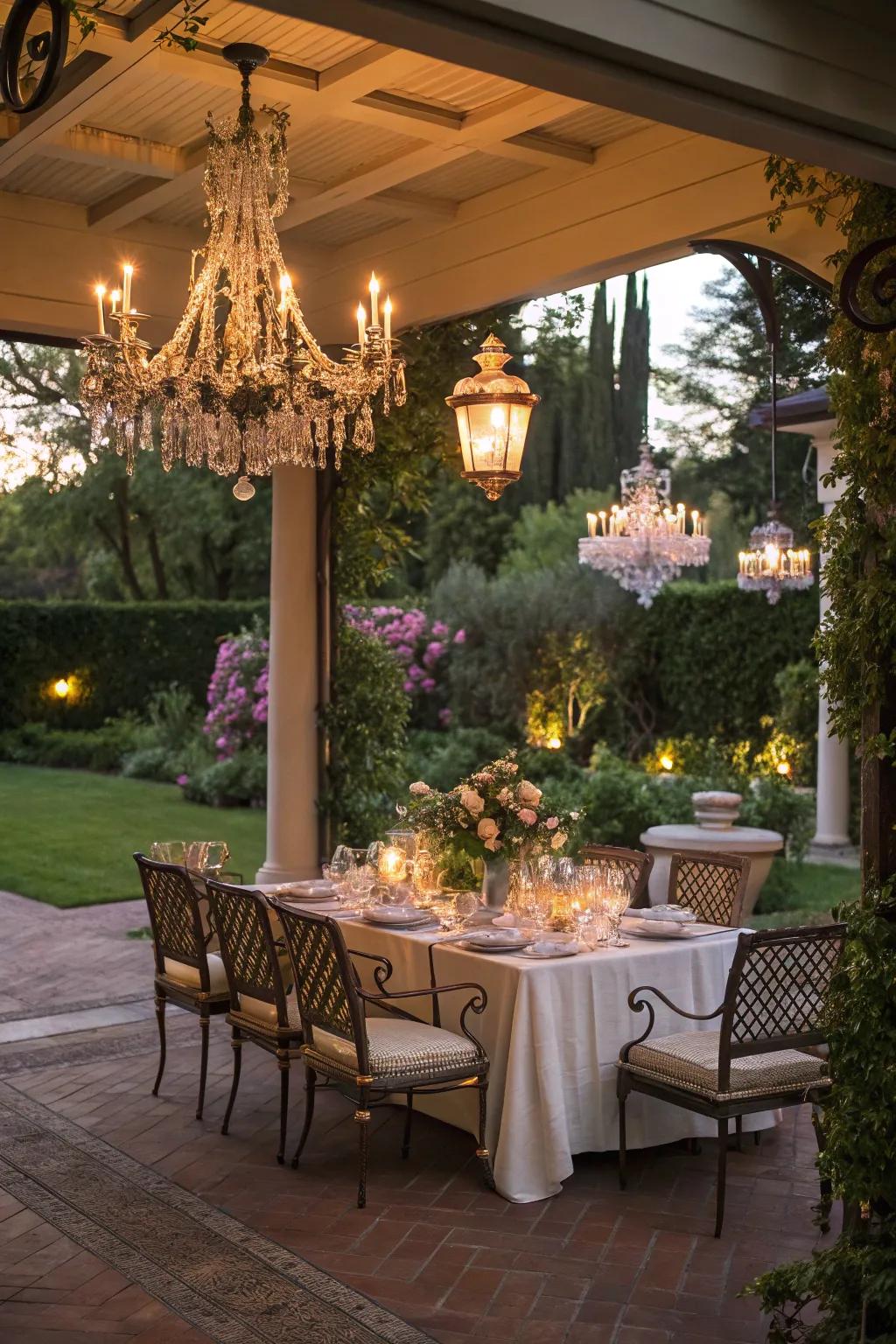 Dine in style under a beautifully lit chandelier.