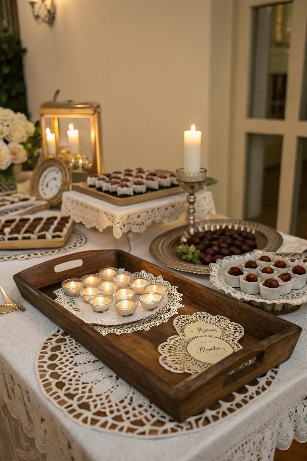 Vintage charm with antique trays and cloth doilies.