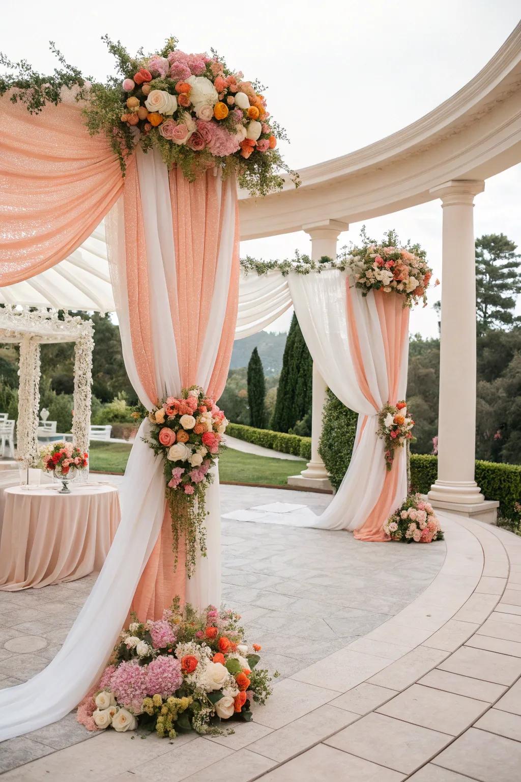 Soft and sophisticated peach and white drapery for elegant venues.