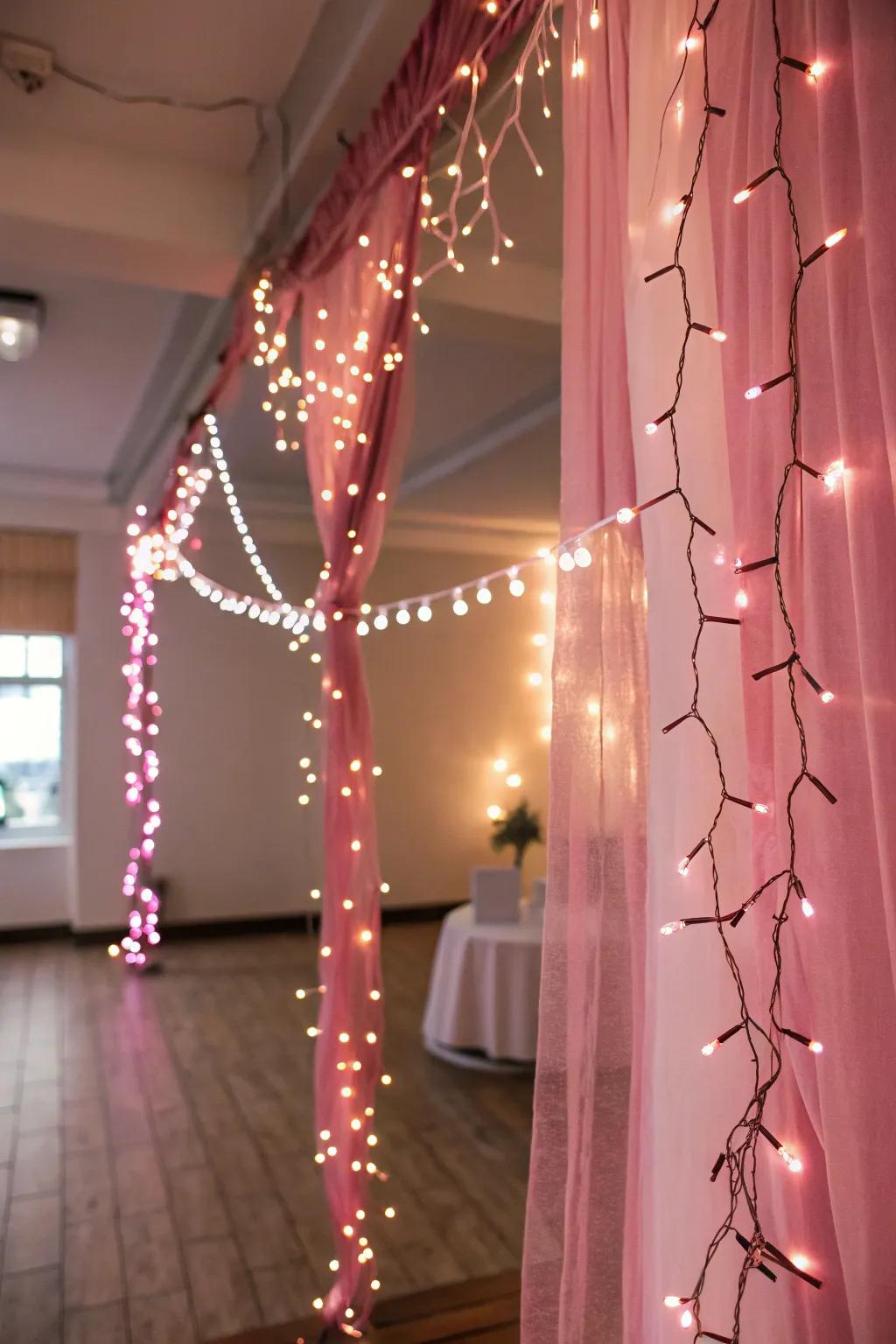 Whimsical pink fairy lights enhance the festive mood.