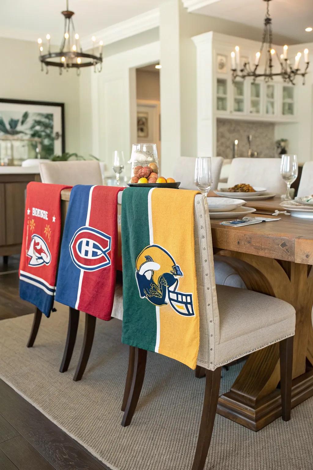 Add a sporty touch with rally towels on your chairs.
