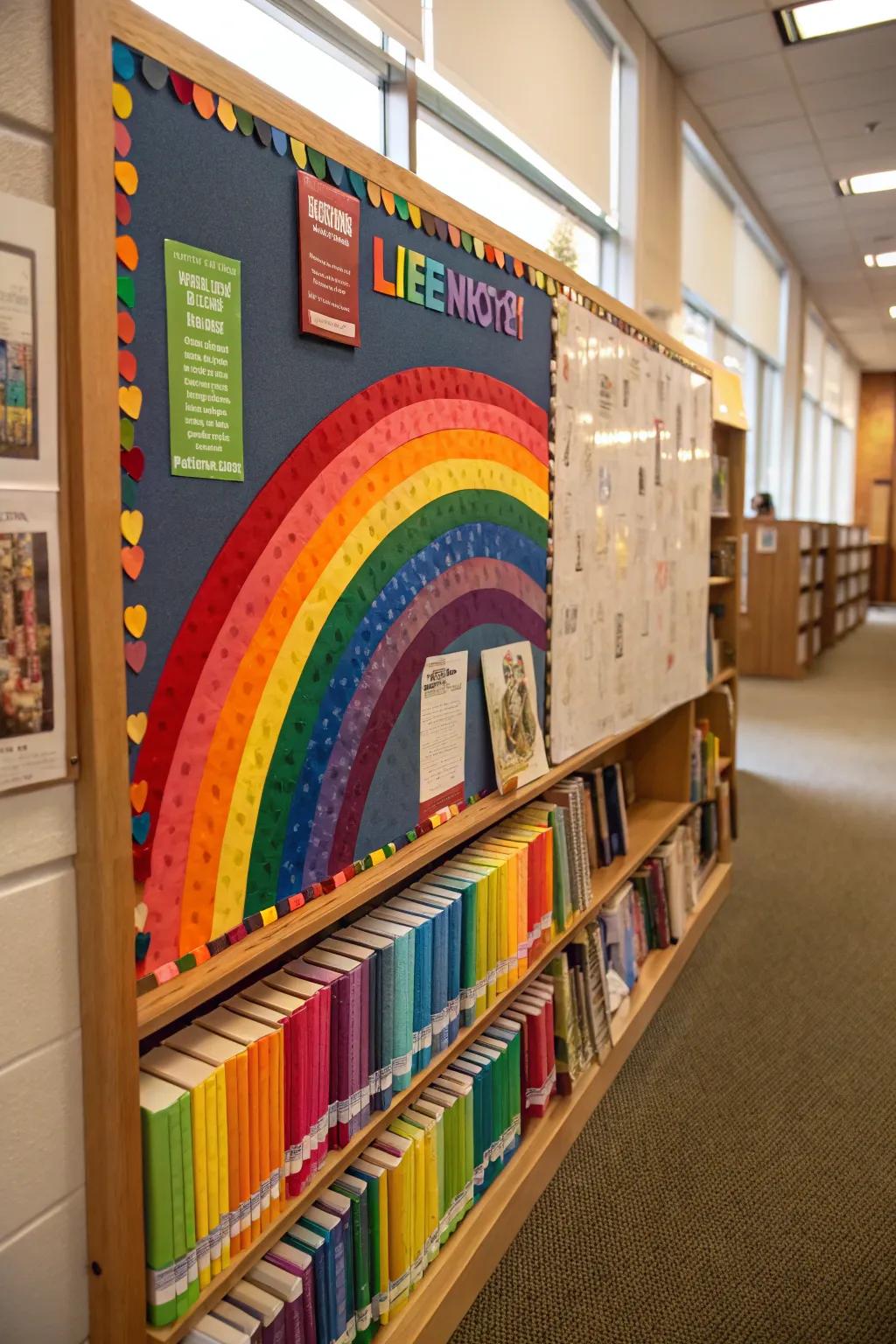 A colorful rainbow and book spines create a joyful and inviting reading atmosphere.