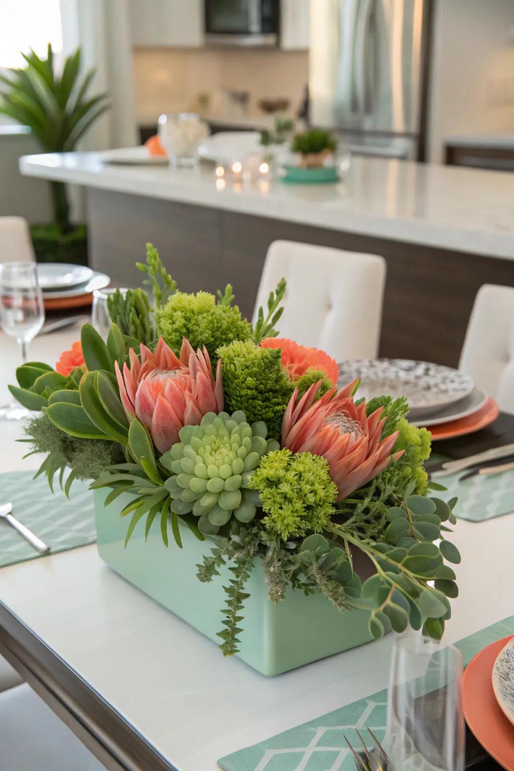 A vibrant and cheerful centerpiece with sage green and coral.