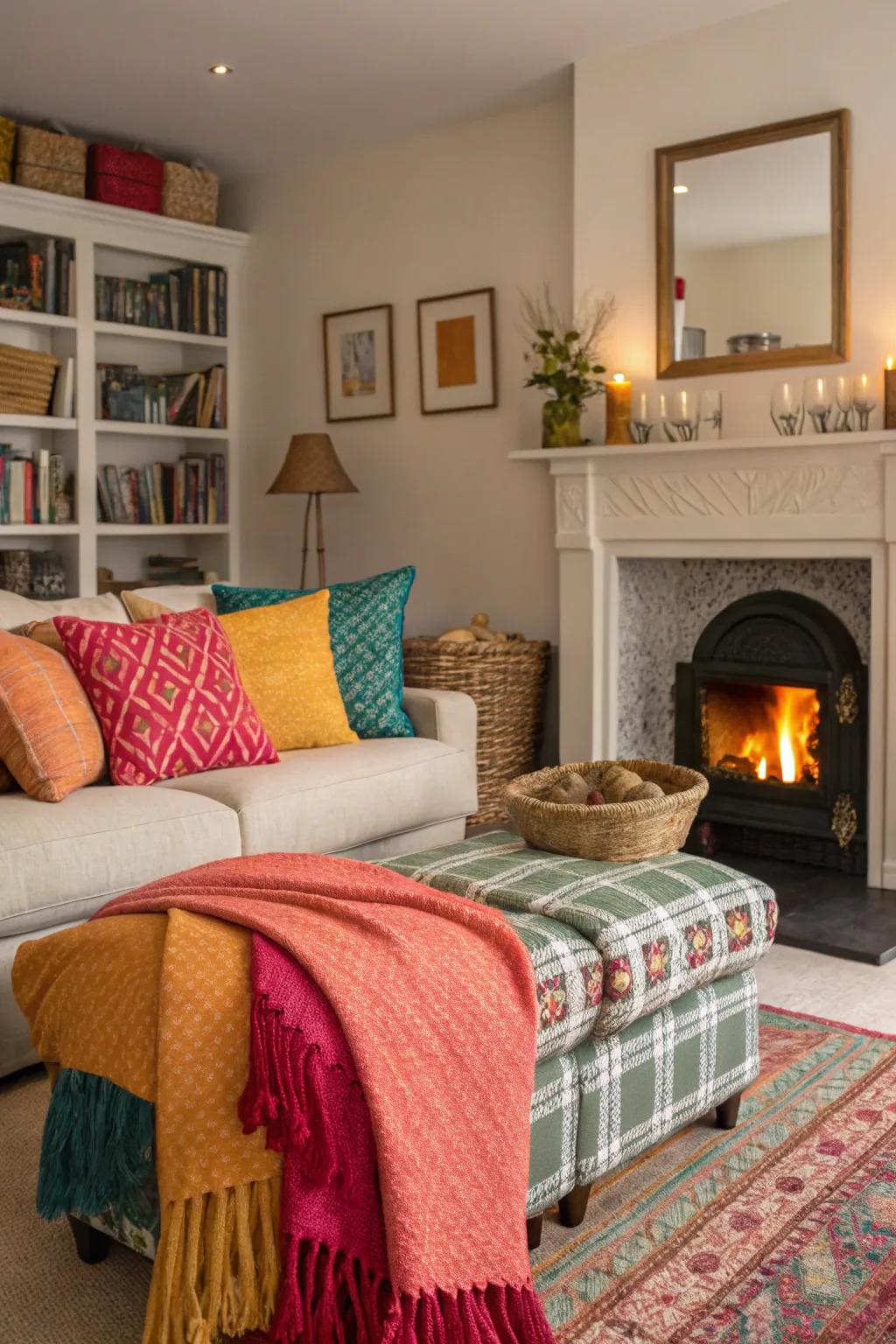 Throws and pillows add comfort and a splash of color to the fireplace area.