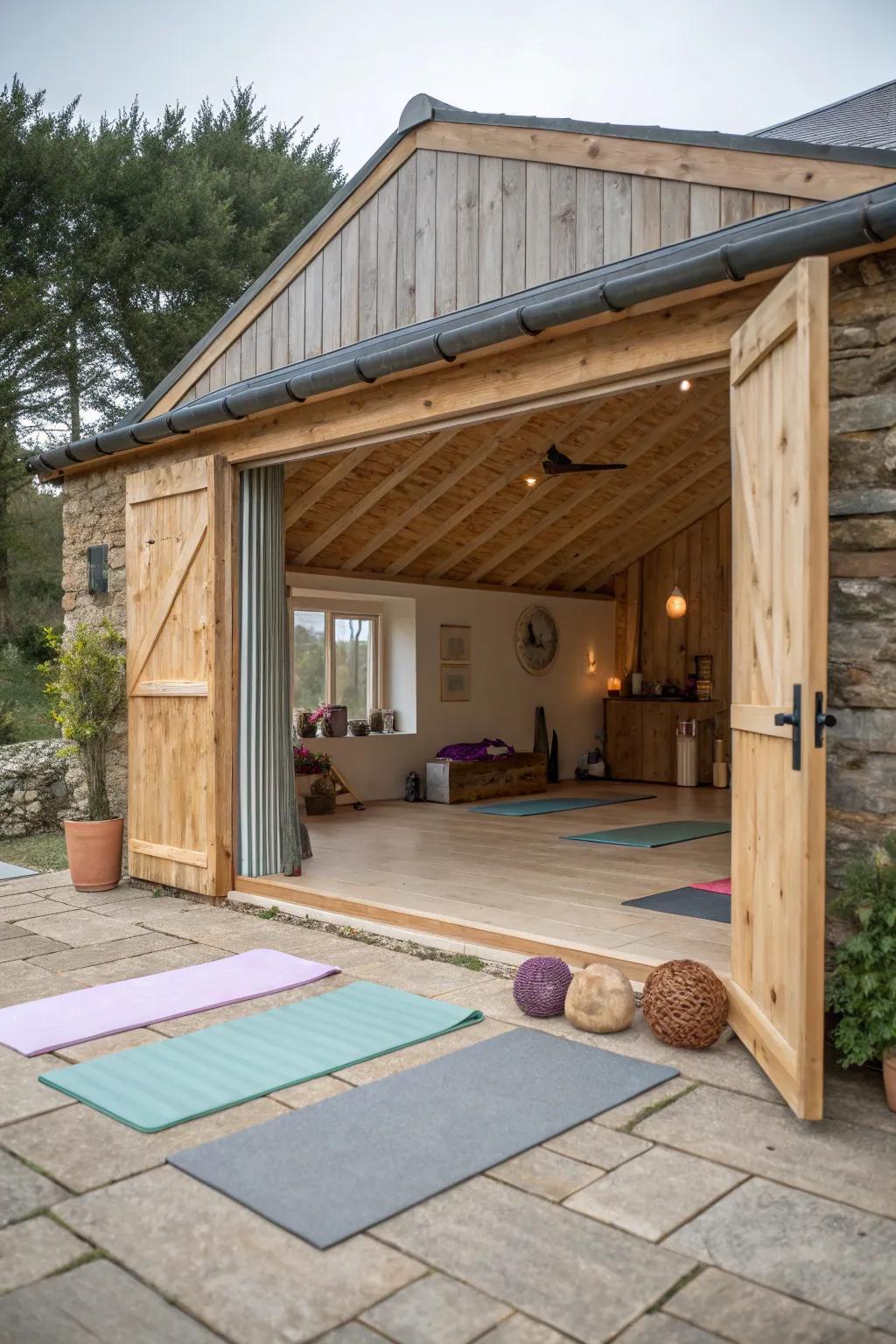 Design a peaceful yoga studio in your she shed with open space and natural materials.