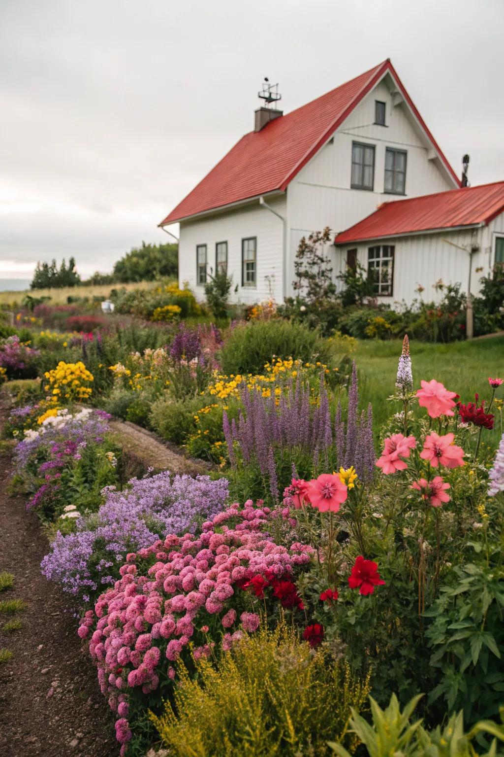 A romantic cottage garden bursting with color and life.