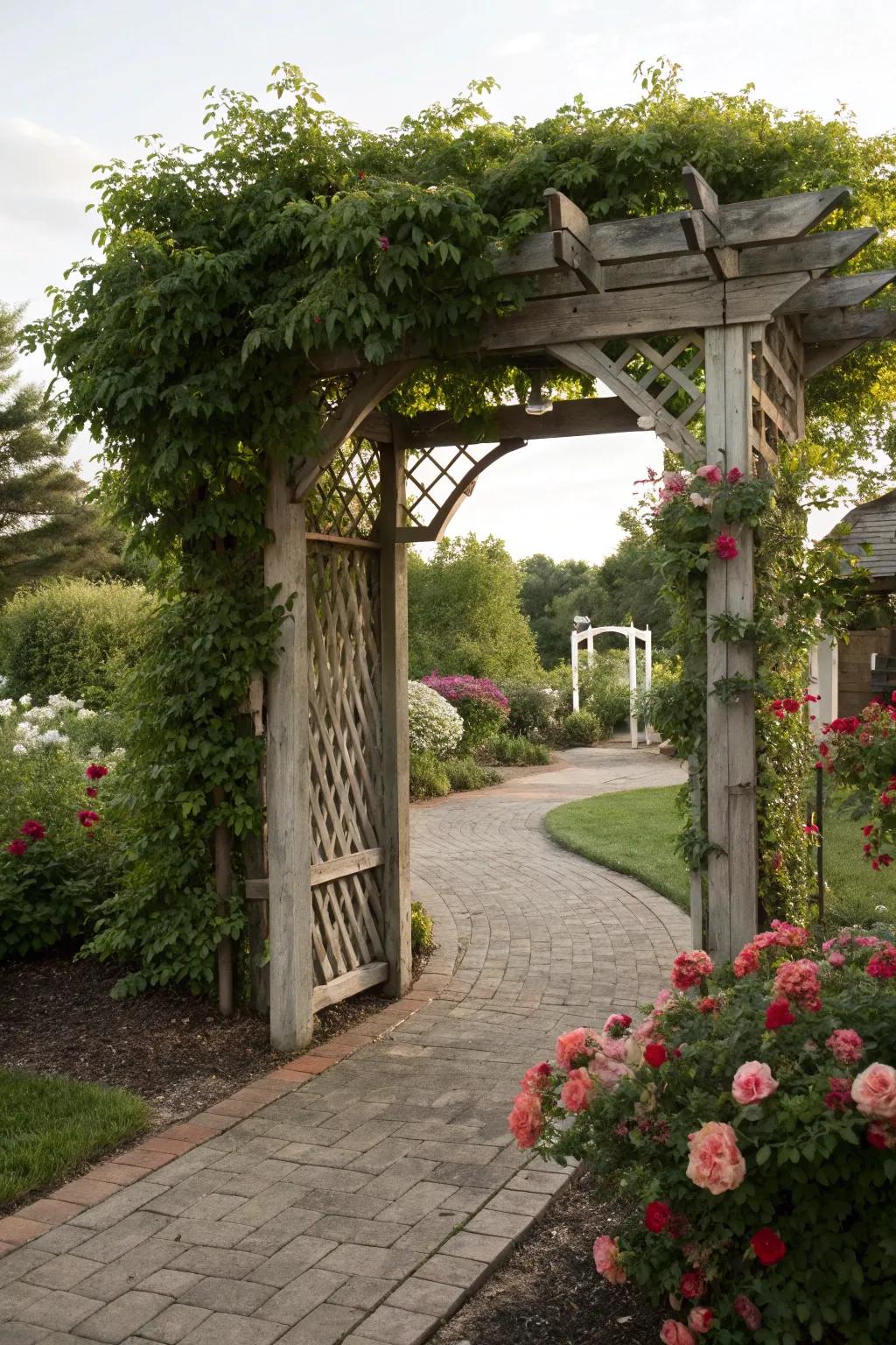An arbor welcomes you into a beautifully designed side yard.