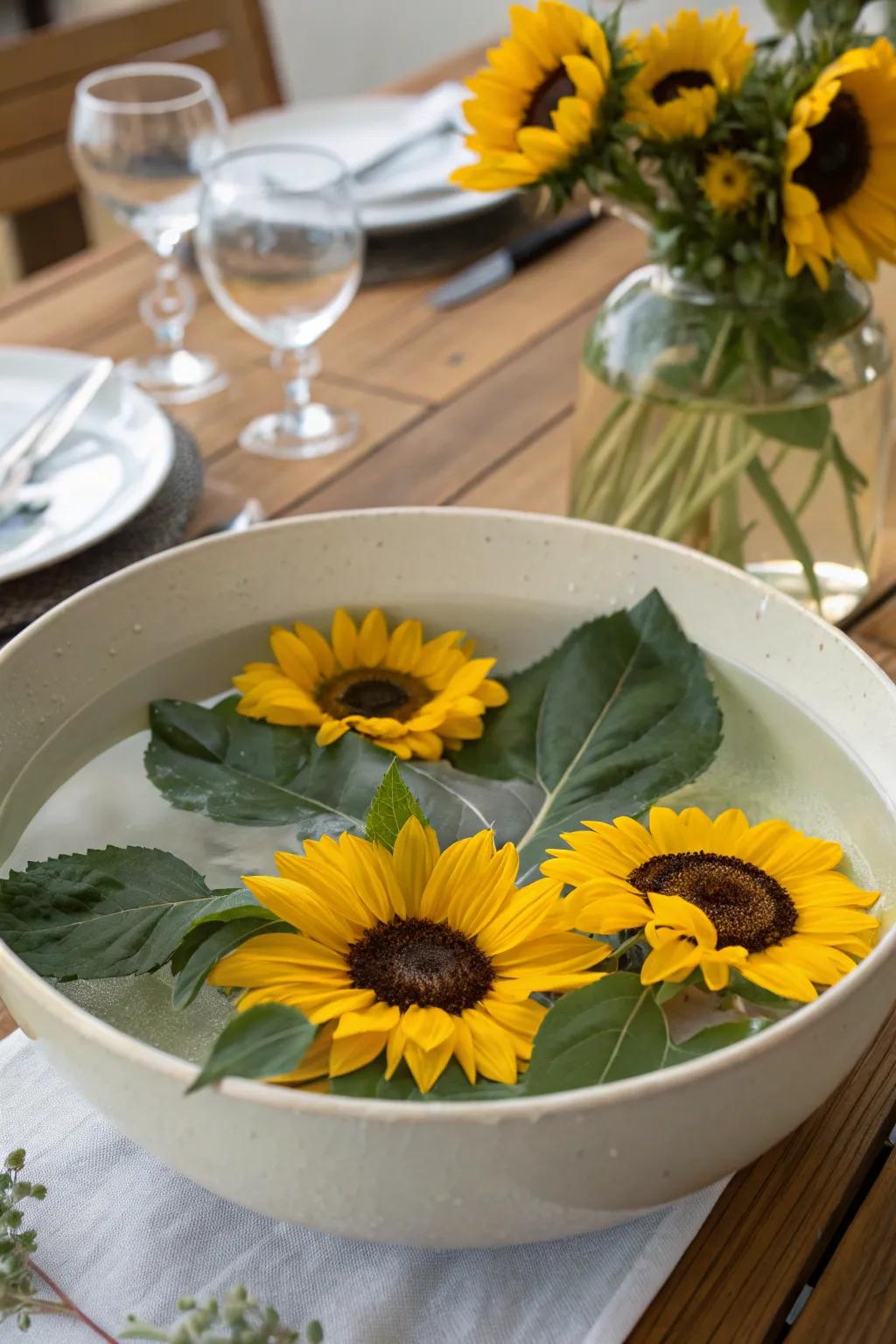 Floating sunflowers create a unique and eye-catching centerpiece.