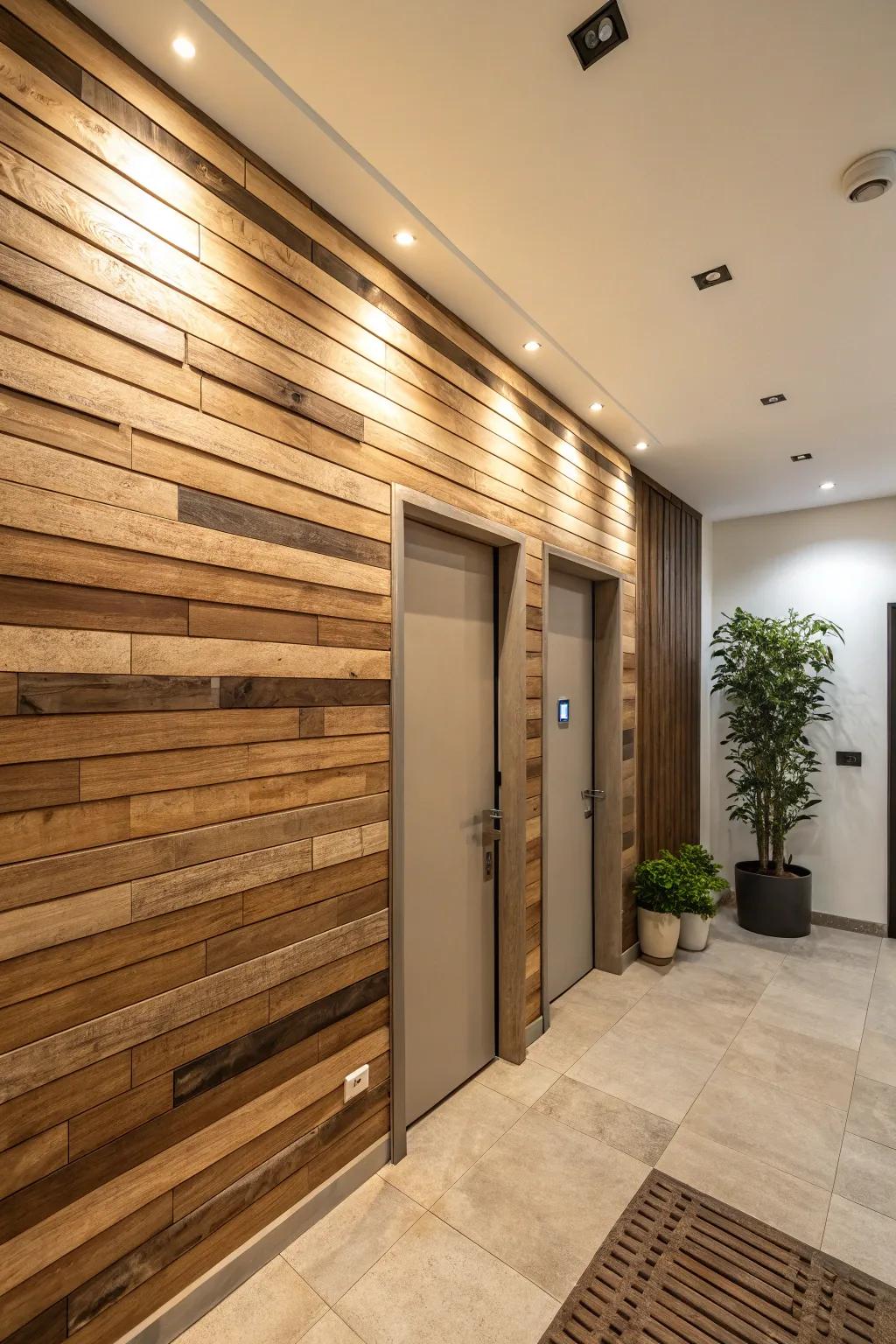 An entryway featuring a dynamic two-tone wood slat wall.