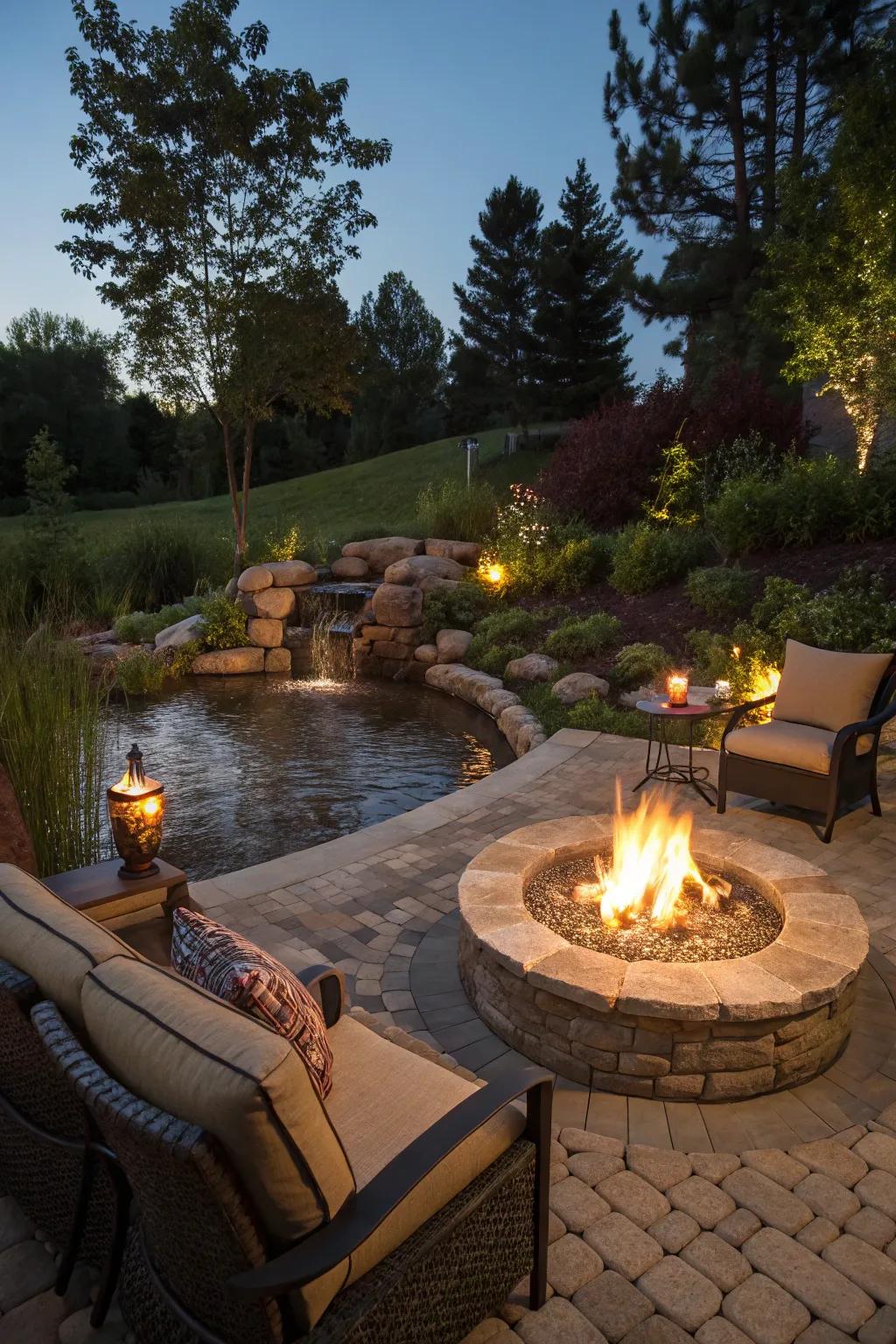 The mix of fire and water components creates a visually stunning backyard.