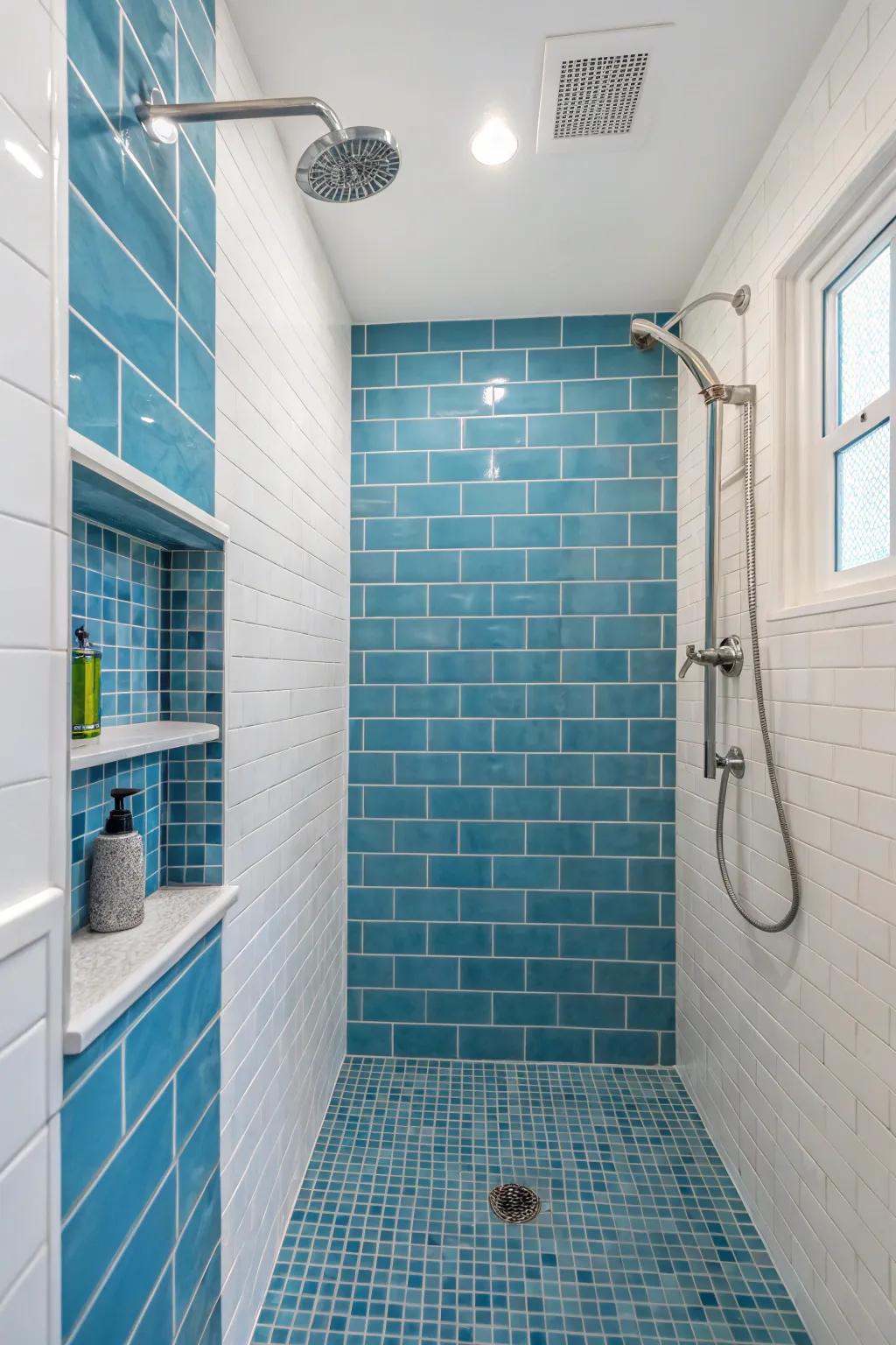 Blue accents create a soothing, aquatic ambiance.