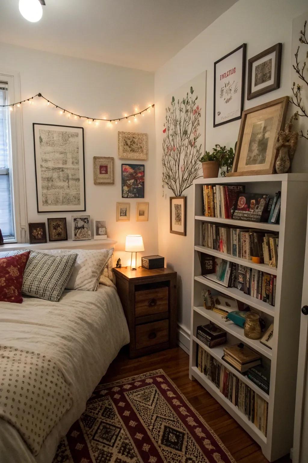 A small bedroom personalized with books and art pieces for a unique touch.