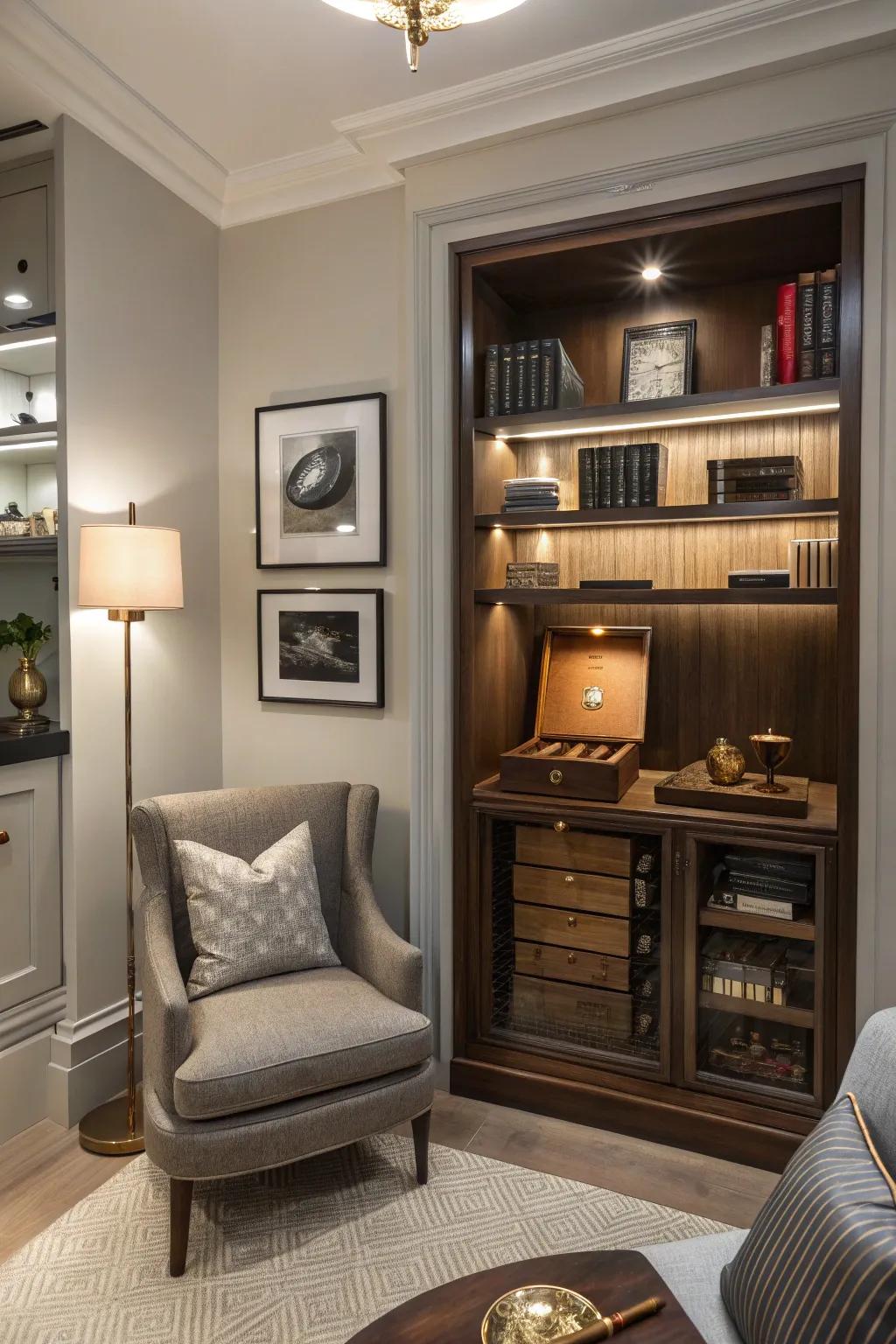 A chic humidor keeps cigars fresh and adds style to this small room.