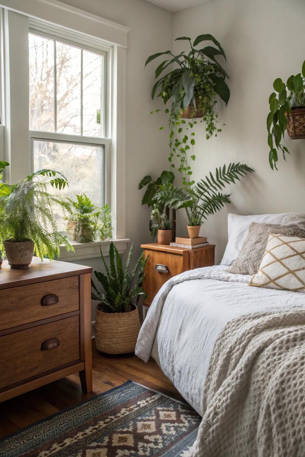 Indoor plants bring freshness to a small master bedroom.