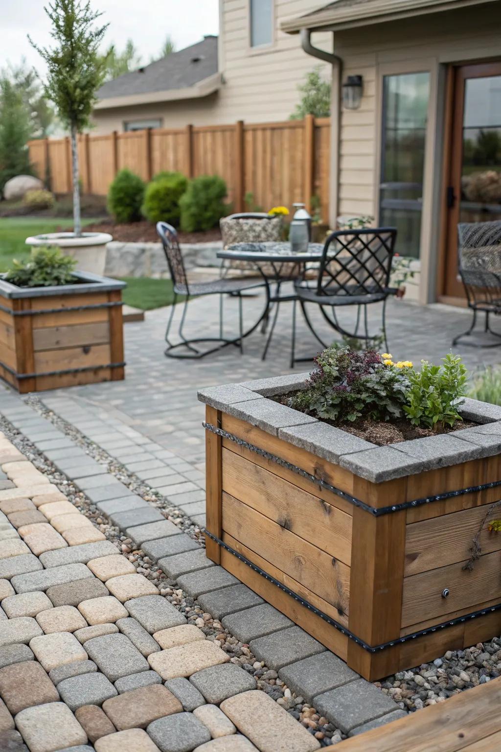 A stylish patio featuring a mix of natural materials.