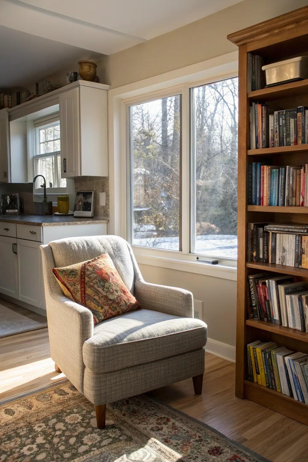 A reading nook offers a peaceful escape.