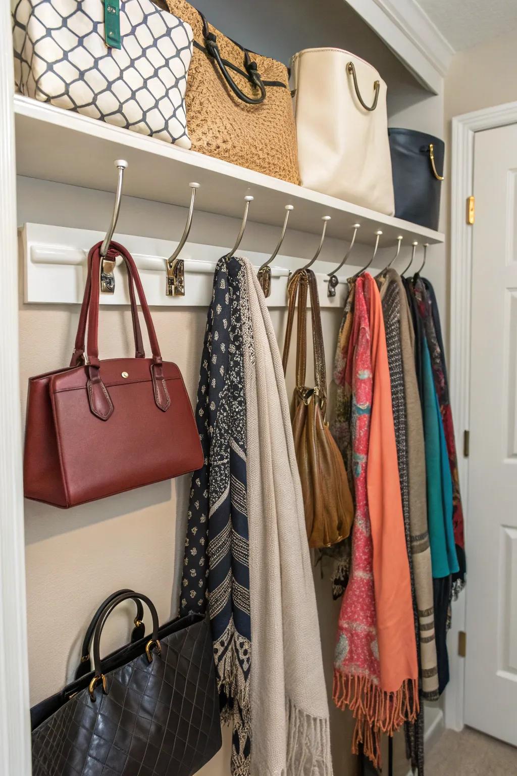 Hooks efficiently use wall space for organizing accessories like bags and scarves.