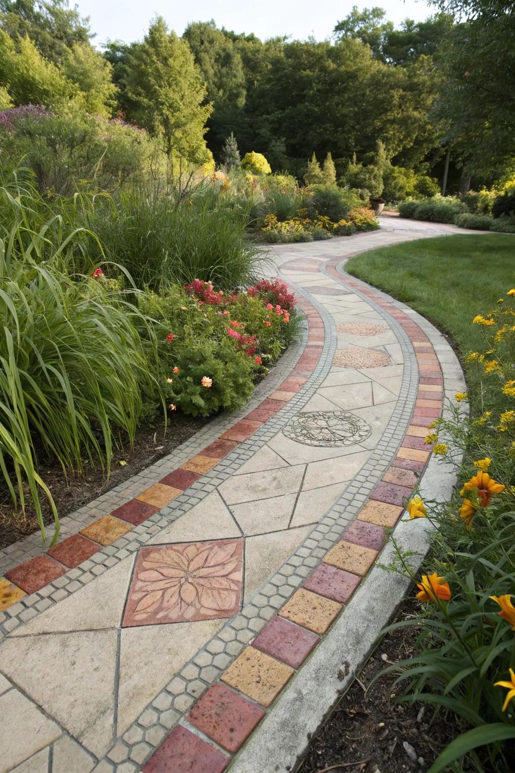 Pathway with dynamic color blend stamped concrete border