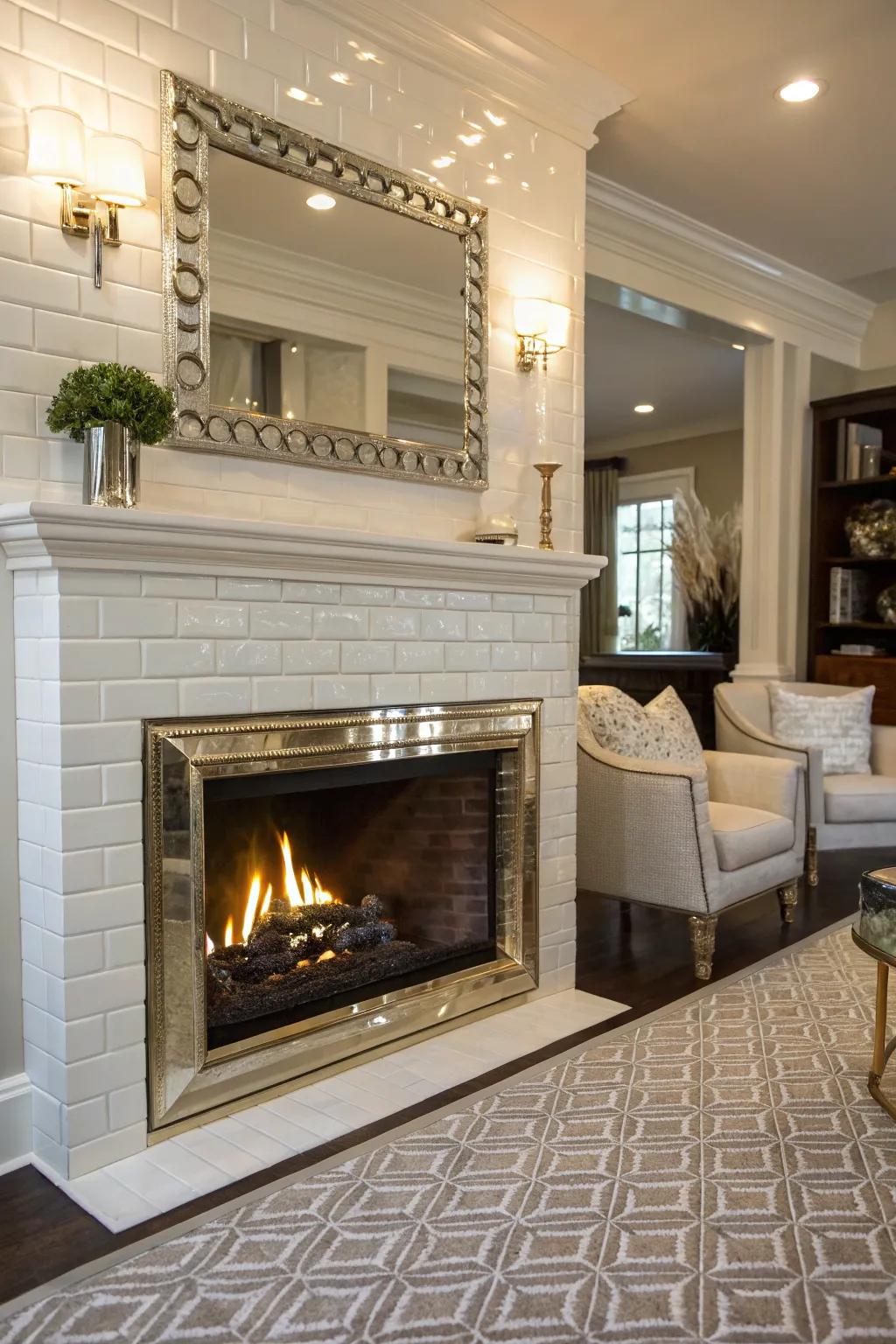 Metallic accents add a glamorous touch to this chic subway tile fireplace.