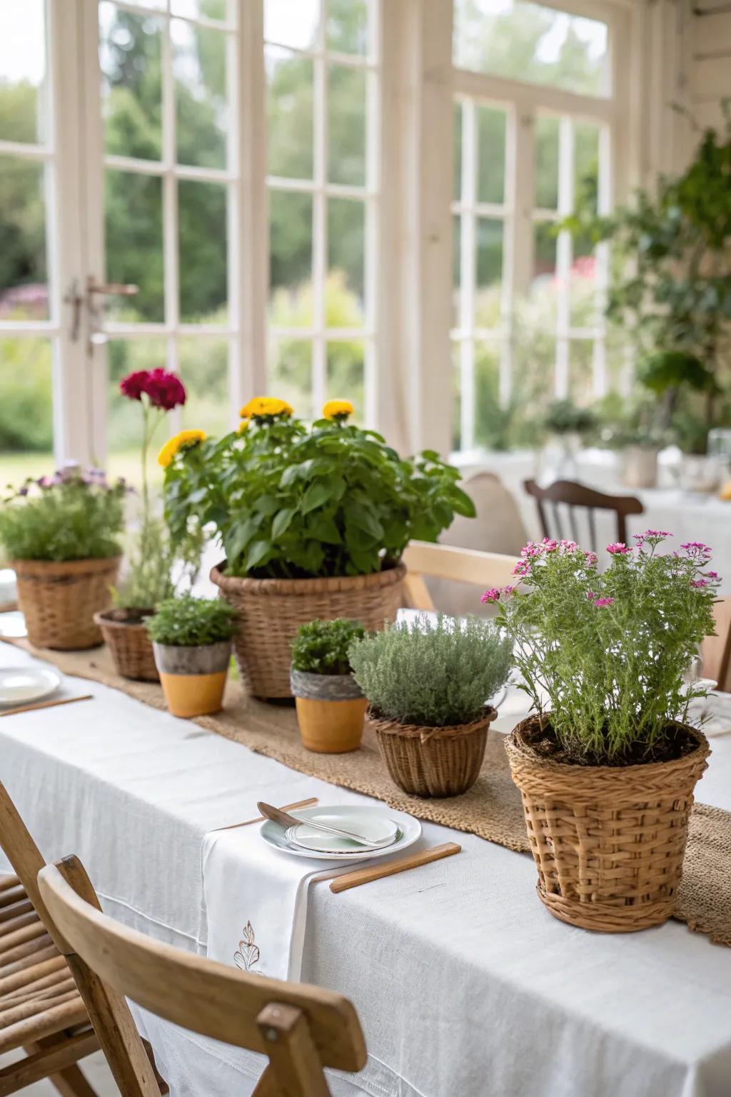 A garden-inspired table setting with potted herbs and flowers.