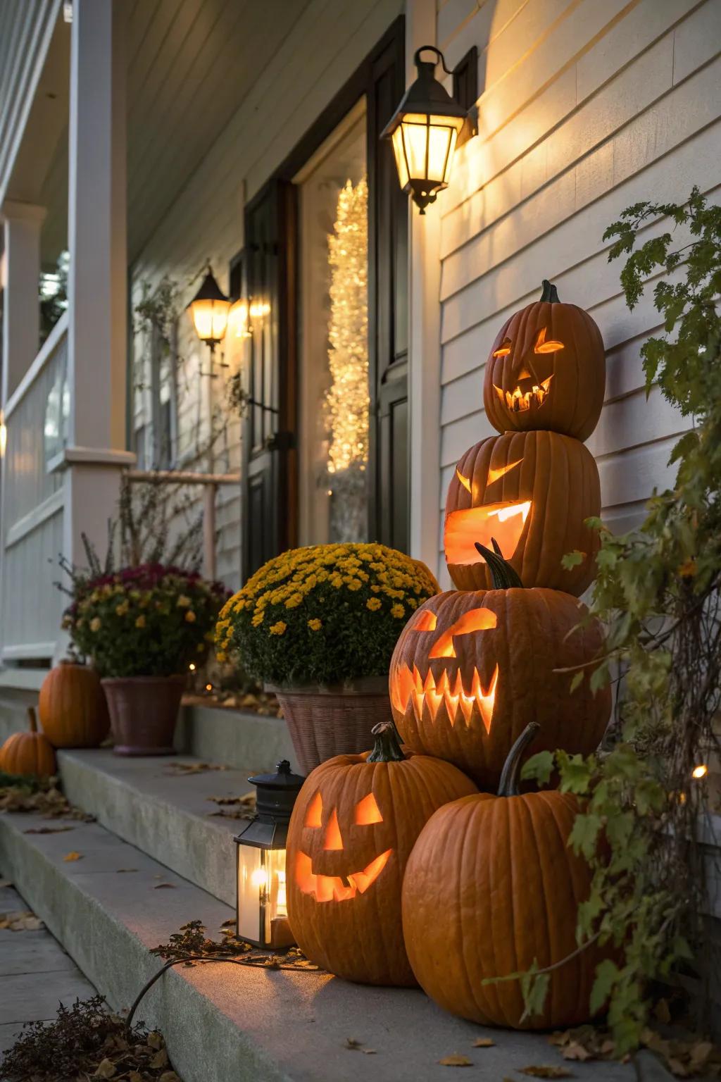 Craft a haunting atmosphere with an assembly of ghostly faced pumpkins.