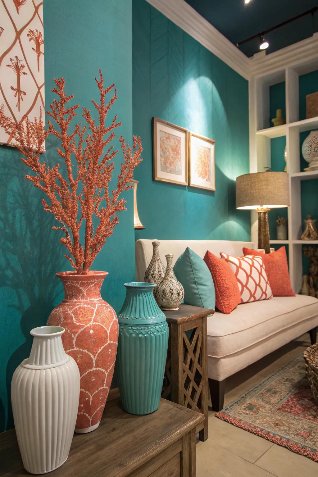 Fresh and lively decor with teal and coral accents.