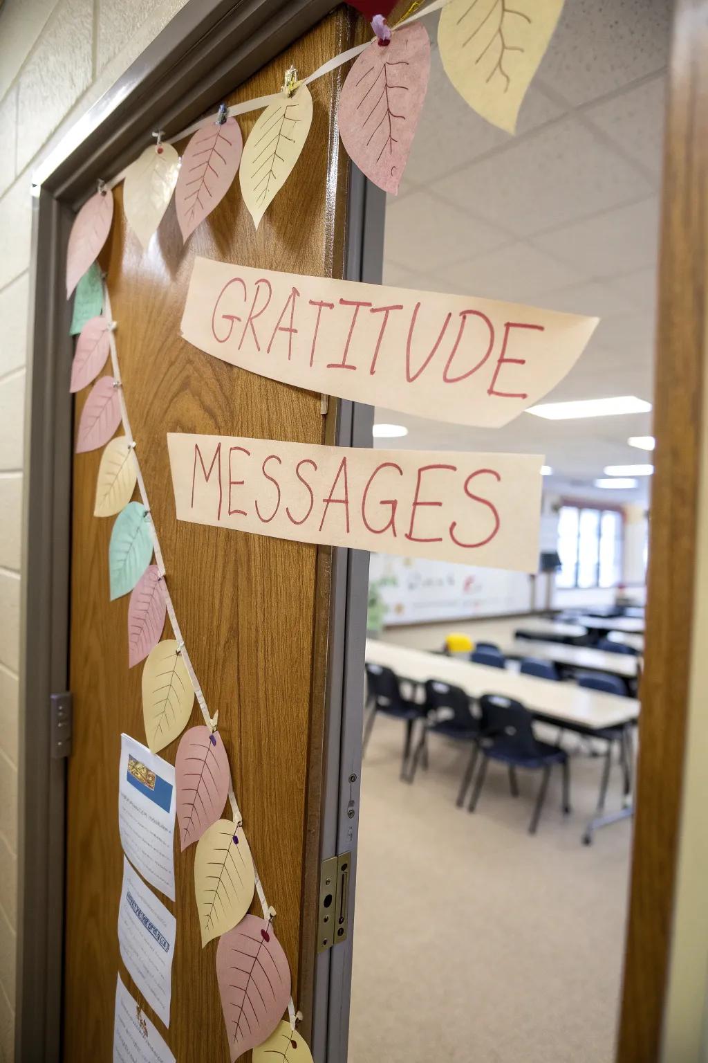 A gratitude garland display listing students' thankful messages.