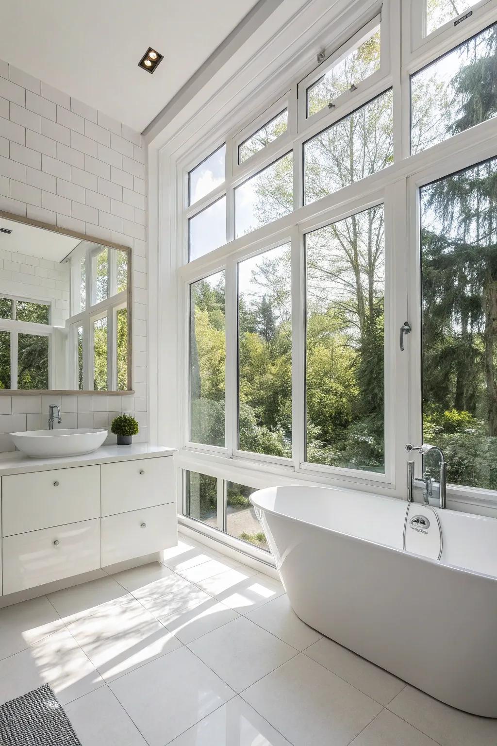 A white bathroom awash with sunlight from expansive windows, creating a bright and airy atmosphere.