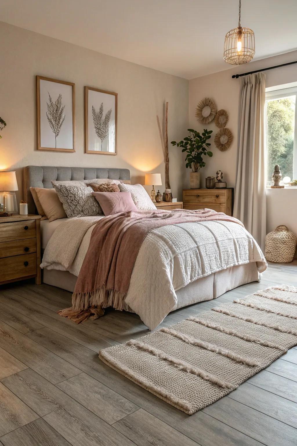 Soft vinyl hues transform bedrooms into serene retreats.