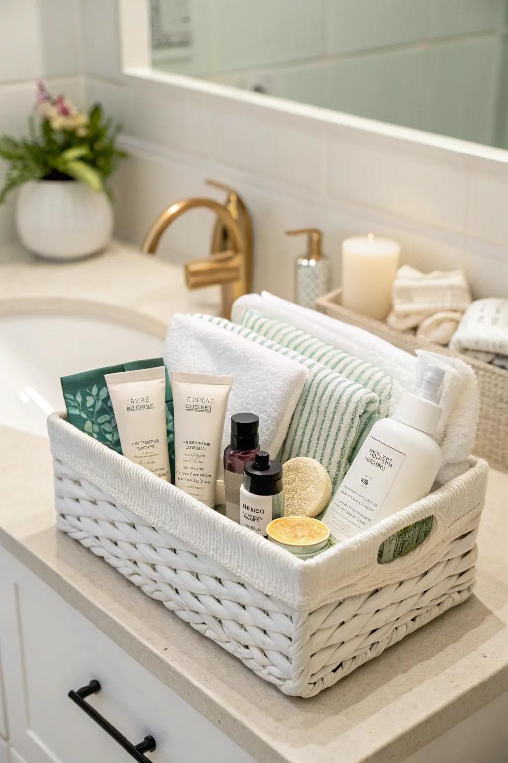 A morning glow essentials white gift basket for radiant skin.