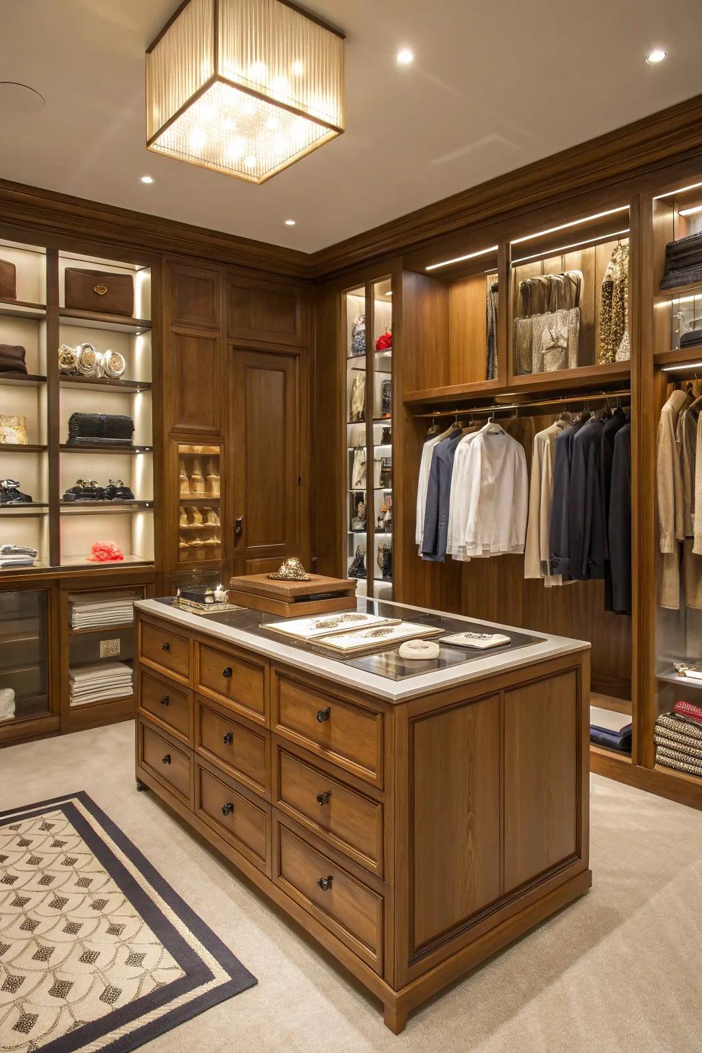 A center island adding both function and style to a closet.