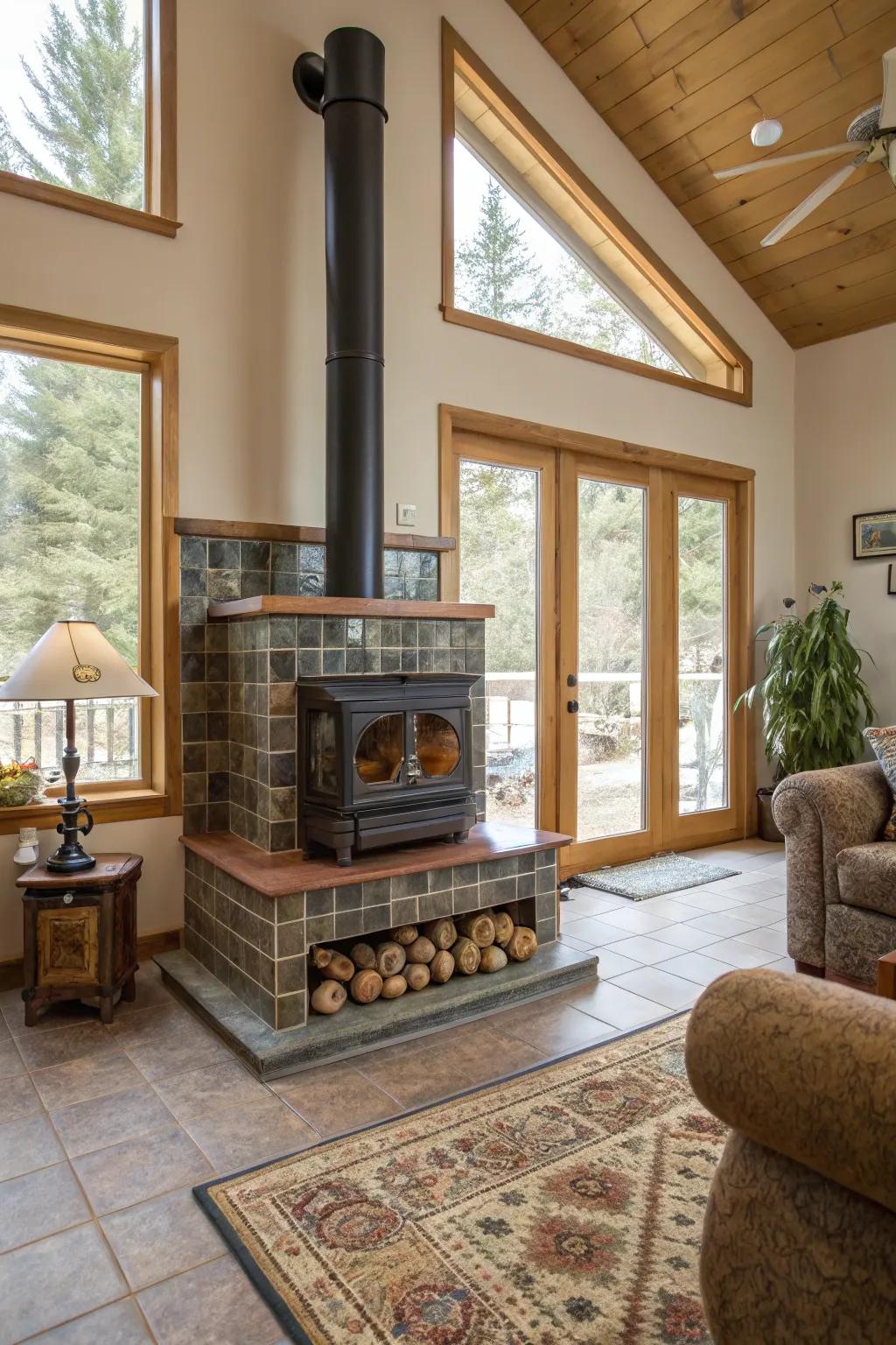 Seamless integration with room colors crafts a cohesive wood heater area.